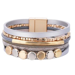 Bangle Boho Multilayer Leather Wrap Bracelets For Women Men Punk Gold Copper Tube Magnetic Clasp Bracelet Jewelry