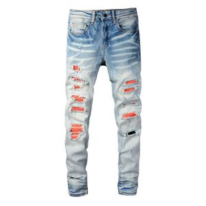 Herren-Jeans, zerrissen, Biker-Patch, hellblau, hochwertige Jeanshose, Motorradhose, große Größe 28–40
