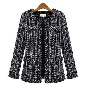 Outono inverno preto xadrez branco solto curto casaco mulheres vintage o pescoço manga comprida borla tweed casaco mais tamanho senhoras casaco casaco 210218