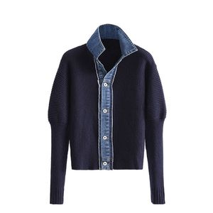 [EWQ] Autumn Women Loose Single Breasted Versatile Long Sleeve Patchwork Denim Top Knitted Cardigan Sweater 739 211215