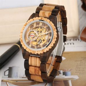 Luxury Mäns Watch Automatisk Mekanisk Träklocka Romerska Numeraler Display Trä Bangle Armbandsur Creative Male Timepiece Reloj Q0902