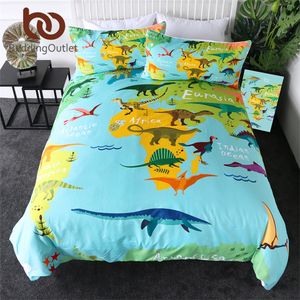 Beddingoutlet Dinozor Yatak Seti Jurassic Çocuklar Nevresim Seti Karikatür Harita Bedclothes Erkek Okyanus 3 adet Mavi Yeşil Bedlinen 210309