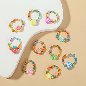 10 Pçs / Set Bohemian Senhoras Multicolor Glass Beads Handmade Anéis Frisados ​​Para As Mulheres Flor Frutas Polímero Clay Anel Jóias Presentes