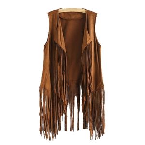 Women Faux Suede Ethnic Sleeveless Jacket Long Fringe Tassels 70s Hippie Open Front Cardigan Vintage Cowgirl Waistcoat Vest Tops 211206