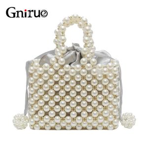 New Fashion Pearl Acrylic Bags Vintage Hand Woven Clutches Beaded Evening Bags Party Prom Wedding Handbag Purses Shipping Free Q0709