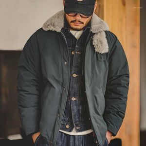 Mäns Down Parkas Maden Män Vinter Fur Collar Japan Retro Varm Tjock Bomull-Vadderad Japper Zipper Button Fleece Windproof Padded Cotton Jacke