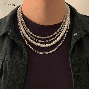 SHIXIN 4 Pezzi Perline di Perle a Maglia Spessa Girocollo Set Uomo/Donna Hip Hop Collana Multistrato Catena sul Collo Gioielli