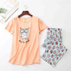 Sommer Frauen Pyjamas Baumwolle Niedlichen Druck Eule Pyjama Set Top + s Elastische Taille Plus Größe 3XL Lounge Pijamas S92904 210809