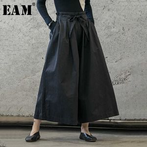 [EAM] High Elastic Waist Black Bow Bandage Trousers New Loose Fit Wide Leg Pants Women Fashion Tide Spring Autumn 2021 1B208 Q0801