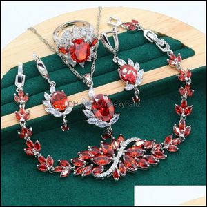 Brincos colar jóias conjuntos luxuoso casamento sier cor conjunto para mulheres noiva vermelho zircon pulseira pingente anel caixa de presente gota entrega 20