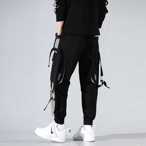 2021 Męskie Harem Joggers Harajuku Spodnie Harajuku Spodnie Harajuku Spodnie dresowe męskie Fashion Wstążki Kolor Block Kieszenie Cargo Spodnie X0723