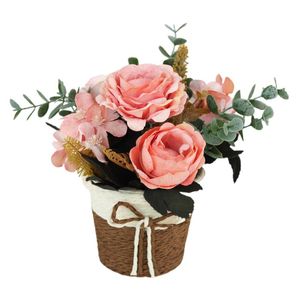 Decorative Flowers & Wreaths Artificial Flower Potted Furnishing Articles Simulation Rose Bow Home Decoration Red White Pink Straw Basket Pl