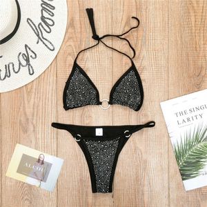 Sexy Halter Pasek Czarny / Biały Micro Stringi String Błyszczące bikini z Rhinestone 2021 Swimsuit Kobiety Stroje kąpielowe Plaża Wear Suit Y0820