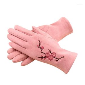 Dame Faux Wildleder Handschuhe 1 Paar Plum Blossom Stickerei Fäustlinge Winter Warme Volle Finger Für Outdoor Fahren Weibliche Fäustlinge1