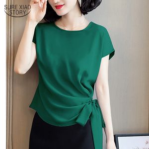 2021 Blusas Mujer De Moda Summer Silk Short-Sleeved Women's Blouse And Tops Office Lady Plus Size Solid Bow Shirts Women 210302