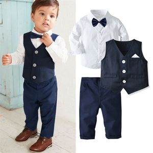 2021 Suit Formal Wear Child Gentleman Vest Tröja Byxor Brittisk stil Värd Bankett Klänning Toddler Baby Boy 0-6 y 210309