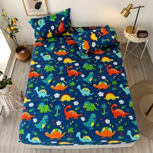 Bonenjoy 3 pcs Bed Sheet Cartoon Style Dinosaur Printed Bed Sheets and Pillowcase for Kids draps de lit Sheet on Elastic 210626