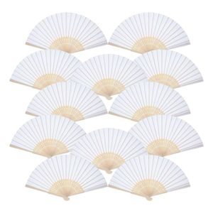 12 Pack Hand Håller fans White Paper Fan Bamboo Folding Handheld Folded Fan For Church Wedding Present Party Favors DIY