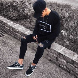 Coole Mode Stretch Denim Schwarz Jeans Zerrissene Zerstörte Slim Fit Hip Hop Hosen Mit Löchern Für Männer 211111