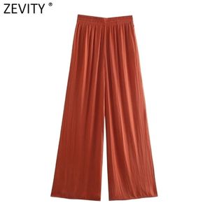 Zevity 여성 패션 솔리드 컬러 주름 넓은 다리 바지 여성 세련된 신축성있는 허리 사이드 포켓 ​​캐주얼 여름 긴 바지 P1142 211124
