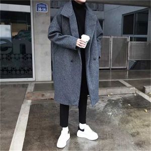 Casual Black/Grey Overcoat Windbreaker Winter Men's Fashion Trend Wool Blend Thicken Parkas Loose Cashmere Long Coats M-XL 211122