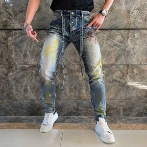 Jeans da uomo Gaojiechao marca tessitura foro colore pittura graffiti schizzi inchiostro vecchi jeans pantaloni slim con cerniera blu lavato da uomo