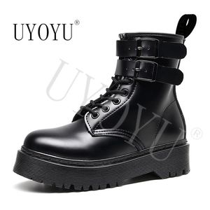 Buty Uyoyu Kobieta Koronki Jesień Kobiet Panie Chunky Wedge Platform Czarny Patent Skórzany Kostka Punk Goth Arrival 2021