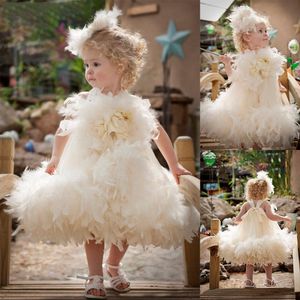 2021 mais novo adorável flor meninas vestidos para casamento sem mangas apliqueiras penas frisadas lace uma linha crianças feminina vestido de concurso