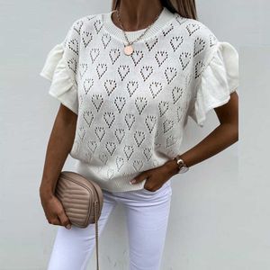 Kobiety Love Hollow Out Design Tees Soft O-Neck Krótki Rękaw Solid Color Casual Luźne Dzianiny Topy Koszulki Lady Tshirts Woman Y0621