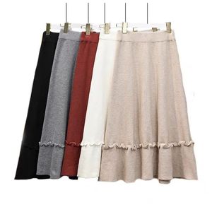 Knitted Half-length Women's Autumn and Winter High-waist Long Skirts, Thickened Mid-length Wool Skirts 210309