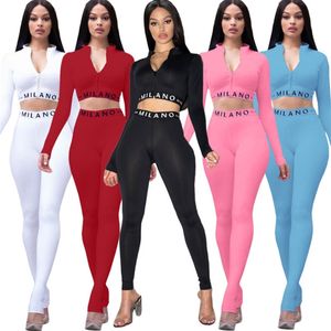 Designer Women 2 Piece Set Sexy Letter Print Long Sleeve Zip Top Pencli Pants Outfits Ladies Casual Multicolor Suits Fall New