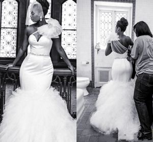 África um ombro sereia vestidos de casamento vestidos puffy tutu tribunal trem arco cetim longos vestidos nupciais formais plus size sheer sweetheart vestido de noiva