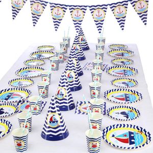 Stoviglie usa e getta Cartone animato Navy Tema Decorazioni per feste di compleanno Stoviglie Tovaglioli Tazza Piatto Tovaglia Striscioni Forniture