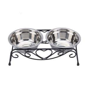 1 Sztuk Stal nierdzewna Podwójna Dog Cat Water Feeder Dish Retro Iron Stand Pet Food Bowls Y200922