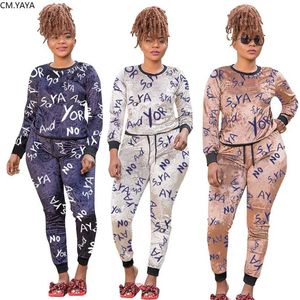 CM.yaya Picture Print Plus Размер XL-5XL Женский набор с длинным рукавом Футболка Jogger Брюки костюм Cousssuit Двухструктурные фитнес-наряды 211105