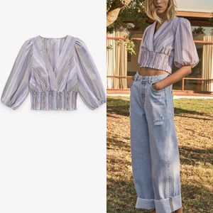 ZA FRATE COPPED gestreiftes Hemd Frauen Puff Sleeve V-Ausschnitt Smocked Vintage Falten Bluse Feminine Chic Streetwear Short Tops 210602