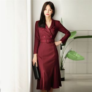 Abito da donna rosso stile vino OL elegante fascia doppiopetto abiti femminili scollo a V di media lunghezza da indossare al lavoro 210603