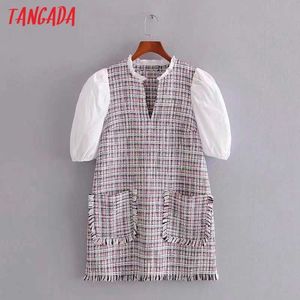 Tangada Women Plaid Tweed Dress Puff Short Sleeve Ladies Mini Dress Vestidos 3H204 210609