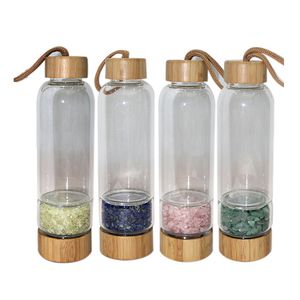 450Ml Bamboo Cover Crystal Bottle Natural Broken Gems Glass Cup Outdoor Camping Kettle Household Water Cups 0513