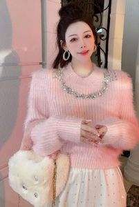 Suéter de tricô de lã de mohair curto, outono inverno, design de luxo, patchwork de strass, grosso e quente