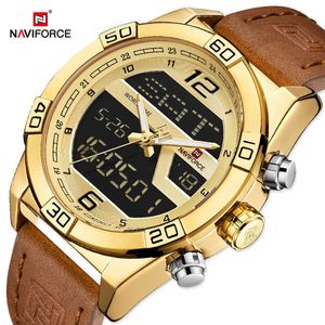 NAVIFORCE Luxury Gold Watches For Men Leather Band Waterproof Digital Alarm Sport WristWatch Man Military Dual Time Quartz Clock X0625