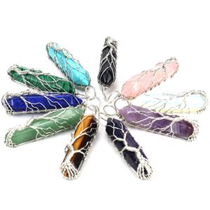 Heilkristall Naturstein Sechseck Säule Charms Halsketten Schnur Baum des Lebens Wire Wrap Anhänger Türkis Amethyst Tigerauge Rosenquarz Großhandel Schmuck Geschenk