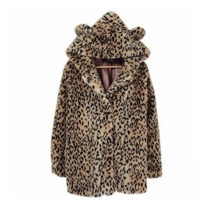 Ladies Söt Leopard Fur Coat med öron och svans Kvinnors varma 211207