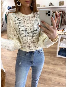 Women's Sweaters Women Loose Style Sweater Beige Solid Color Round Collar Balloon Sleeves Knitwear For Spring Fall