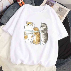 100% algodão verão t-shirt de grandes dimensões harajuku y2k gato bonito anime anime solto ulzzang t-shirt de manga curta t-shirt mulheres tops g220310