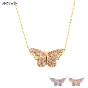 Andywen 925 Sterling Silver Gold Butterfly Luxury Rosa Klar Långkedja Halsband 2021 Fina Smycken Kristall CZ Vår Smycken Q0531