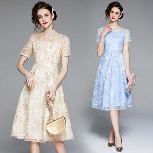 花の刺繍半袖パーティードレス女性ビンテージOネックドレス韓国の服vestidos 210529