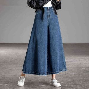 Vår sommar korea mode kvinnor hög midja denim bredben byxor lös avslappnad fotled-längd vintage jeans plus storlek S899 211129