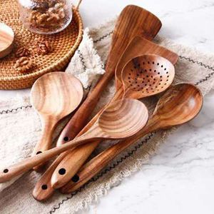Köksredskap trä spatel teakwood non-stick pan spatulas långhandtag måltid sked naturliga skedar colander dinnerware wy bh4713