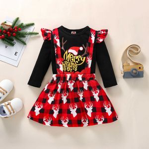 2 Sztuk Toddler Christmas Stroje Renifer O-Neck Długie Rękawy Koszulka Szelki Plaid Spódnica Dla Dziewczyn G1026